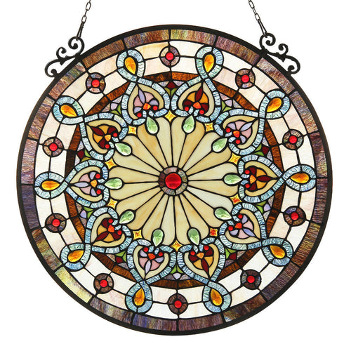 23.5 Inch Round Fretwork Tiffany Glass Window Panel, Multicolor