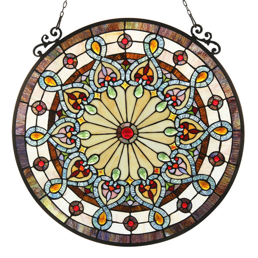 23.5 Inch Round Fretwork Tiffany Glass Window Panel, Multicolor