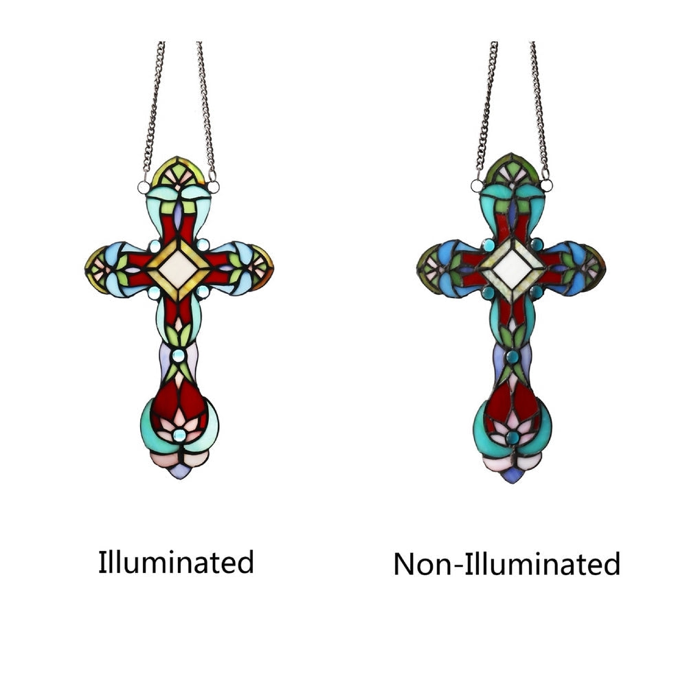 CHLOE Lighting CROSS Victorian Tiffany-style Stained Glass Window Panel 13’’ Tall CHL-CH3P501RG13-XPN