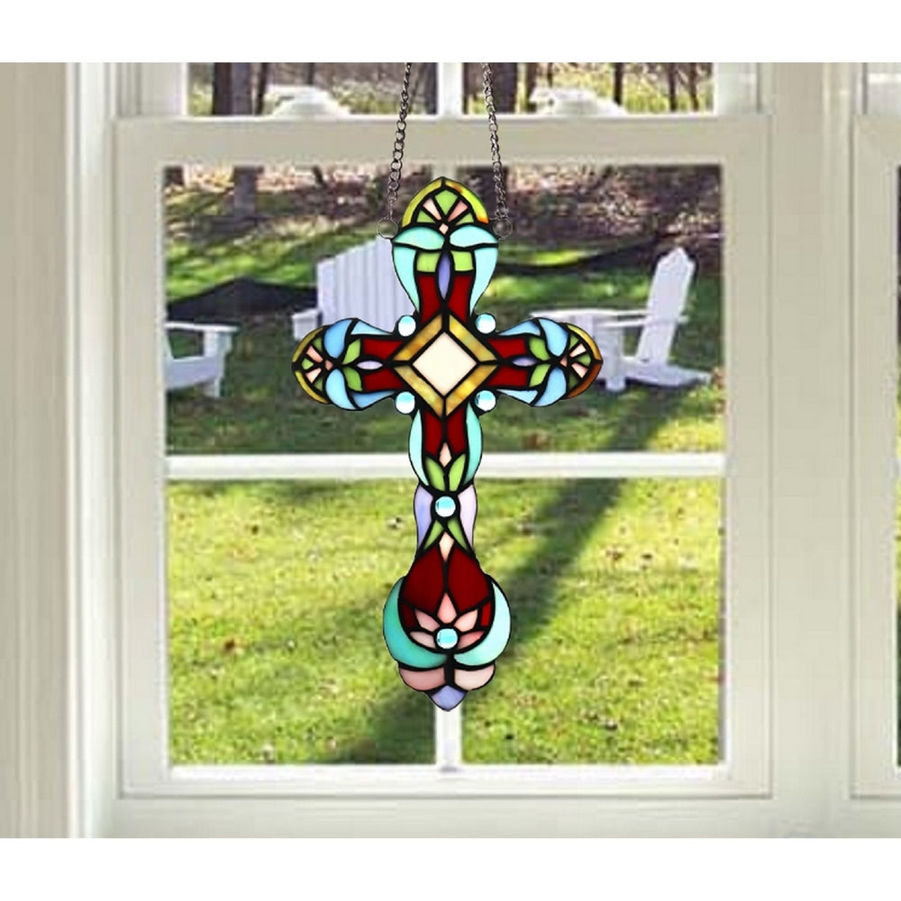 CHLOE Lighting CROSS Victorian Tiffany-style Stained Glass Window Panel 13’’ Tall CHL-CH3P501RG13-XPN