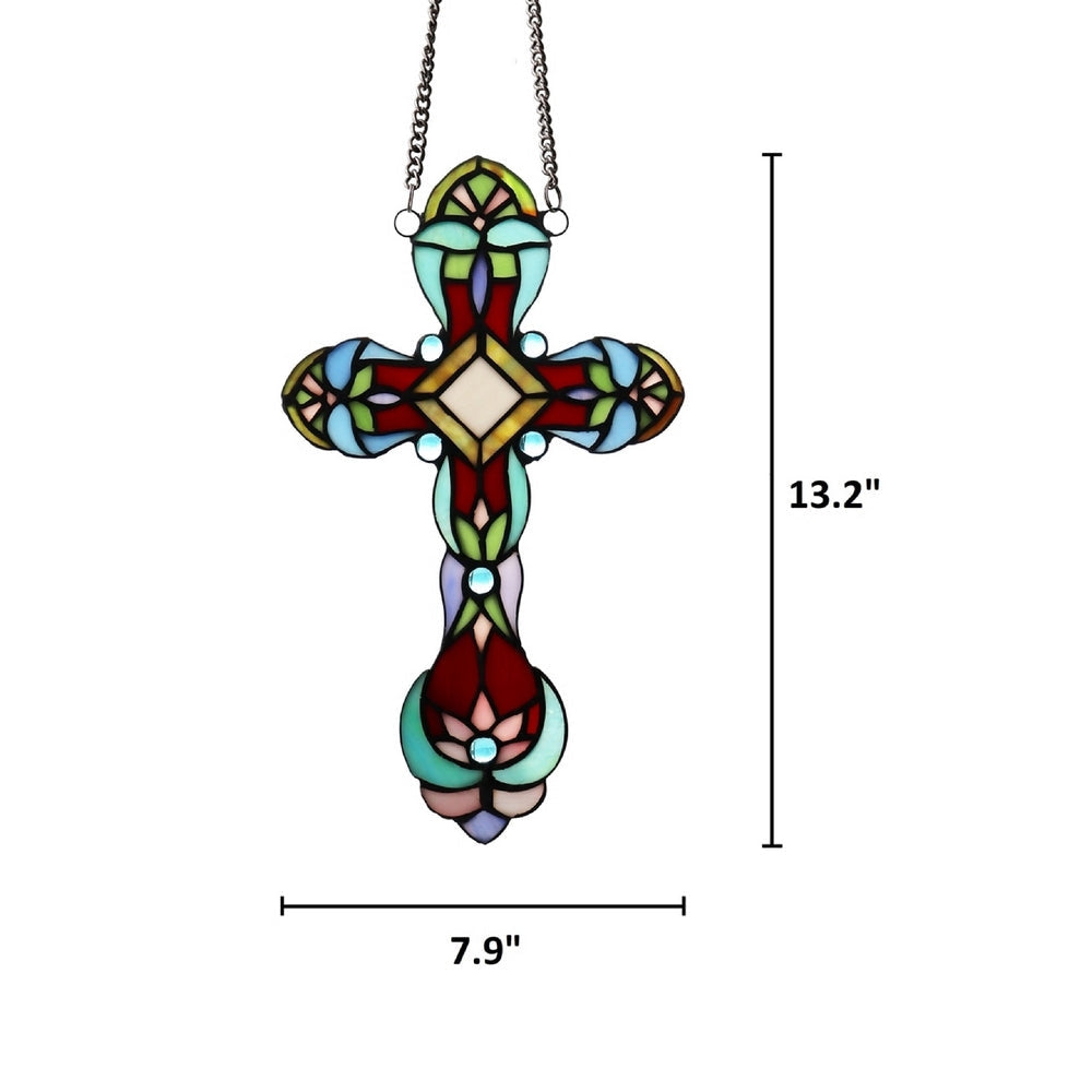 CHLOE Lighting CROSS Victorian Tiffany-style Stained Glass Window Panel 13’’ Tall CHL-CH3P501RG13-XPN