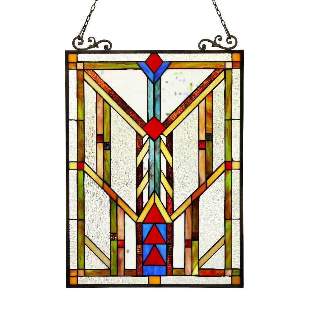 25 Inch Glass Window Panel with Tiffany Geometric Pattern, Multicolor