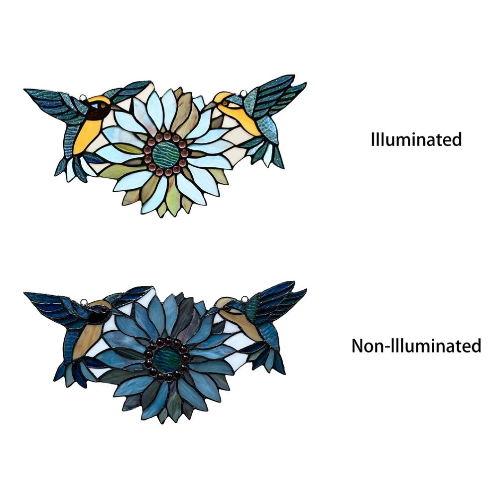 CHLOE Lighting SOAR Tiffany-style Blue Animal/Floral Design Window Panel 17’’ x 7.75’’ CHL-CH3P923BF17-HRT