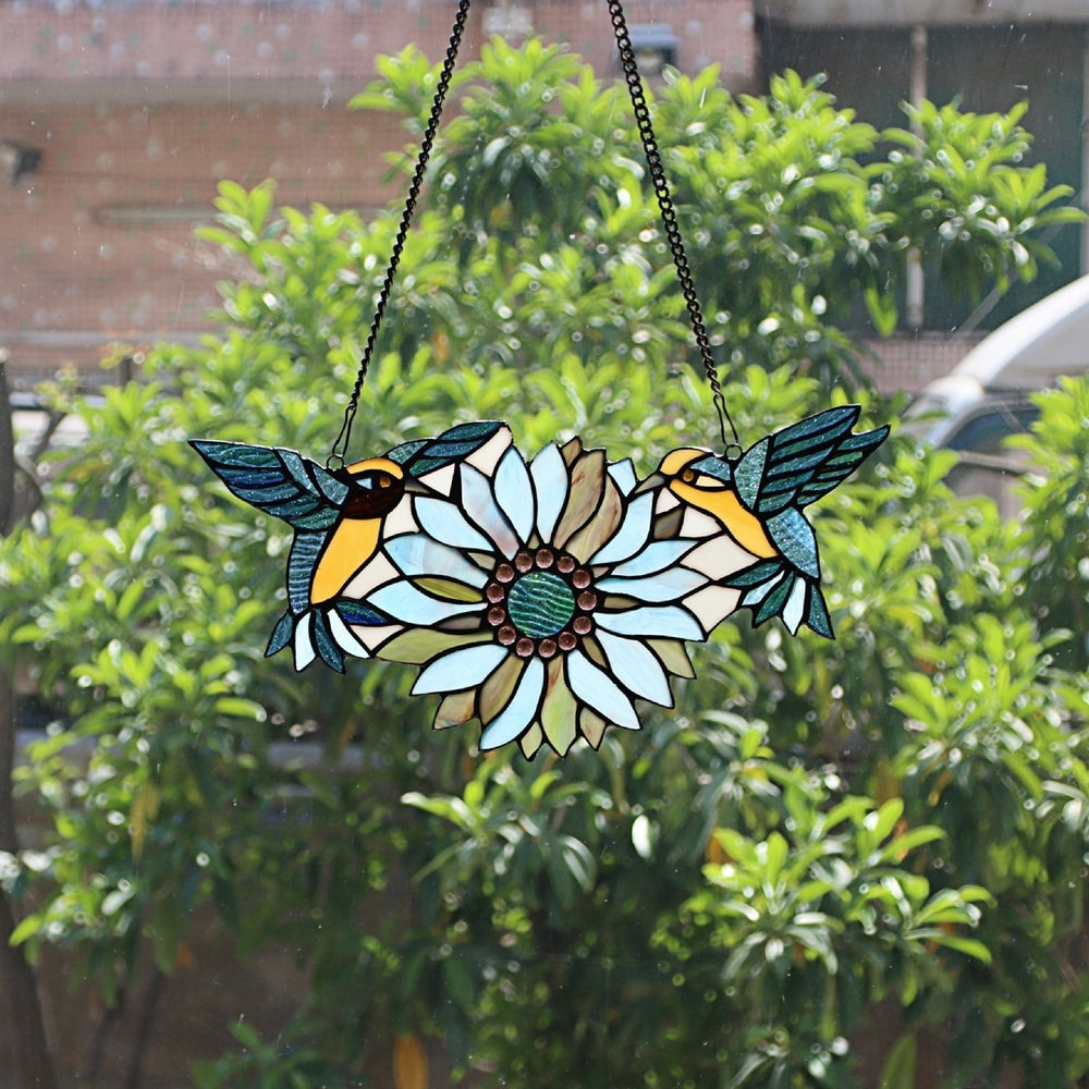 CHLOE Lighting SOAR Tiffany-style Blue Animal/Floral Design Window Panel 17’’ x 7.75’’ CHL-CH3P923BF17-HRT