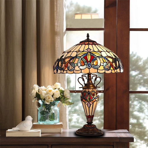 CHLOE Lighting SERENITY Victorian Tiffany-style Dark Bronze 3 Light Double Lit Table Lamp 16" Wide