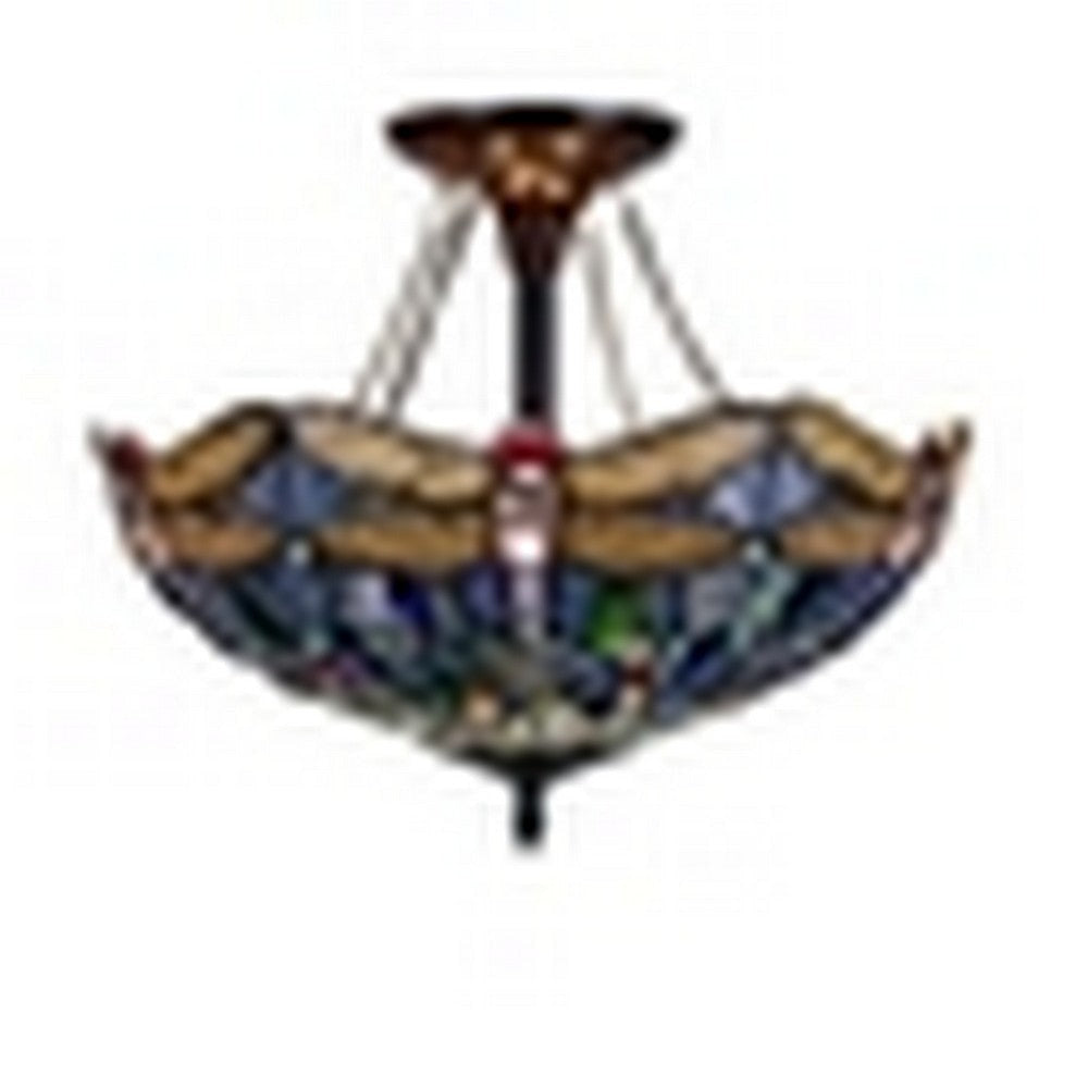 CHLOE Lighting SUNNIVA Dragonfly Tiffany-Style Dark Bronze 2 Light Semi-Flush Ceiling Fixture 16’’ Wide CHL-CH3T524BD16-UF2