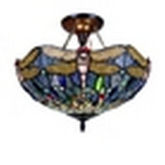 CHLOE Lighting SUNNIVA Dragonfly Tiffany-Style Dark Bronze 2 Light Semi-Flush Ceiling Fixture 16" Wide
