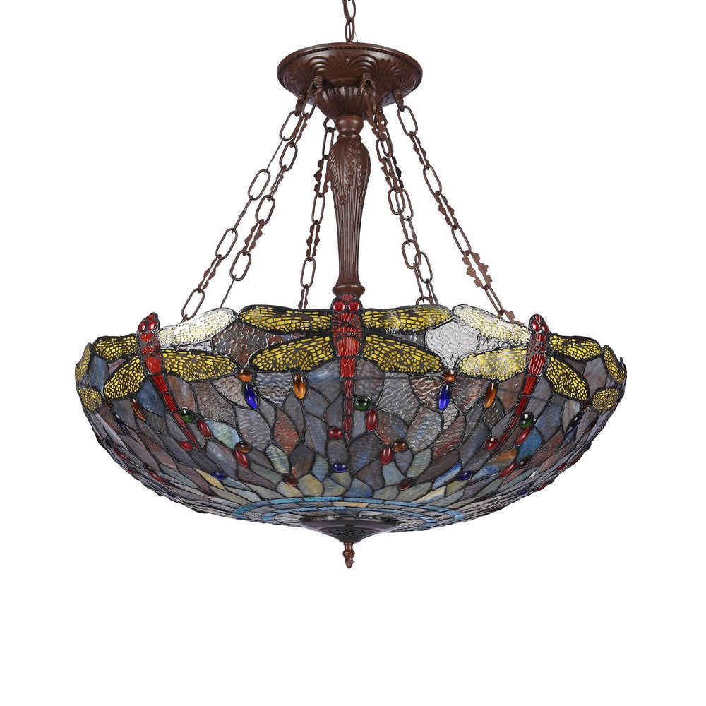 ANISOPTERA PURITY Tiffany-style Dragonfly Antique Bronze 4 light Dark Ceiling Pendant 28’’ Wide CHL-CH3T825BD28-UP4
