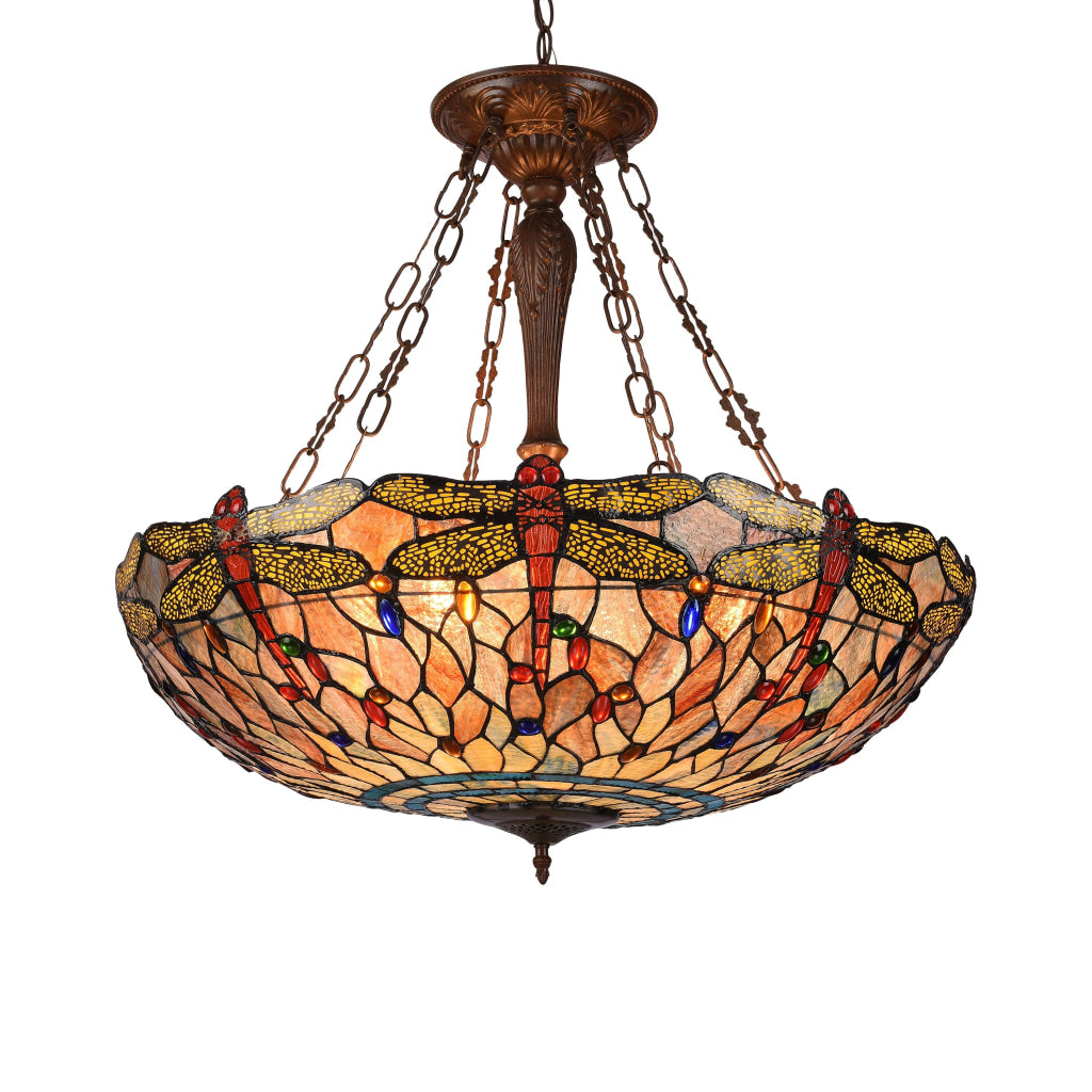 ANISOPTERA PURITY Tiffany-style Dragonfly Antique Bronze 4 light Dark Ceiling Pendant 28" Wide