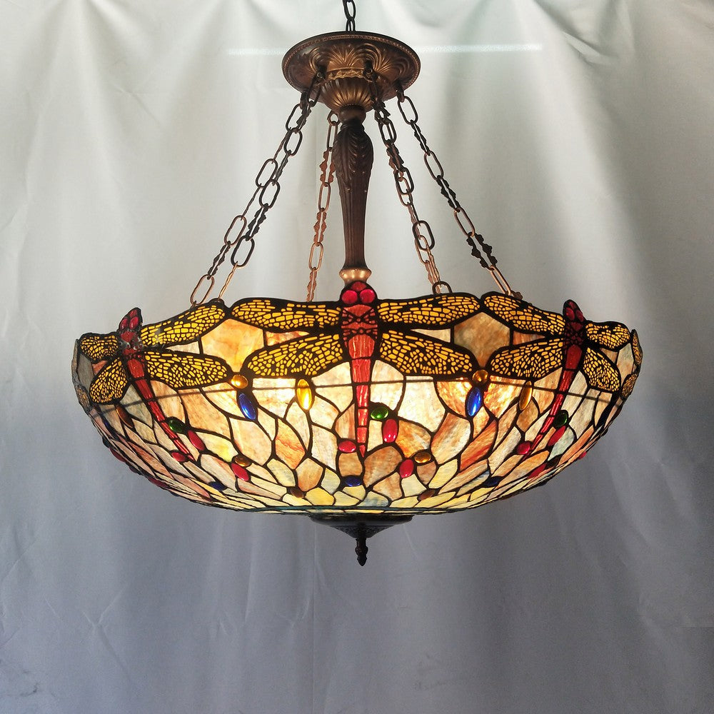 ANISOPTERA PURITY Tiffany-style Dragonfly Antique Bronze 4 light Dark Ceiling Pendant 28’’ Wide CHL-CH3T825BD28-UP4