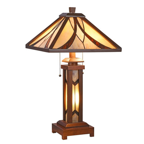 GORDON Tiffany-style Mission 3 Light Double Lit Wooden Table Lamp 15" Shade