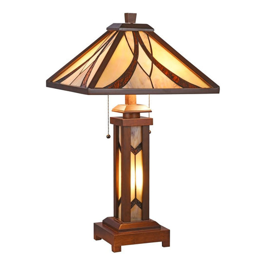 GORDON Tiffany-style Mission 3 Light Double Lit Wooden Table Lamp 15" Shade