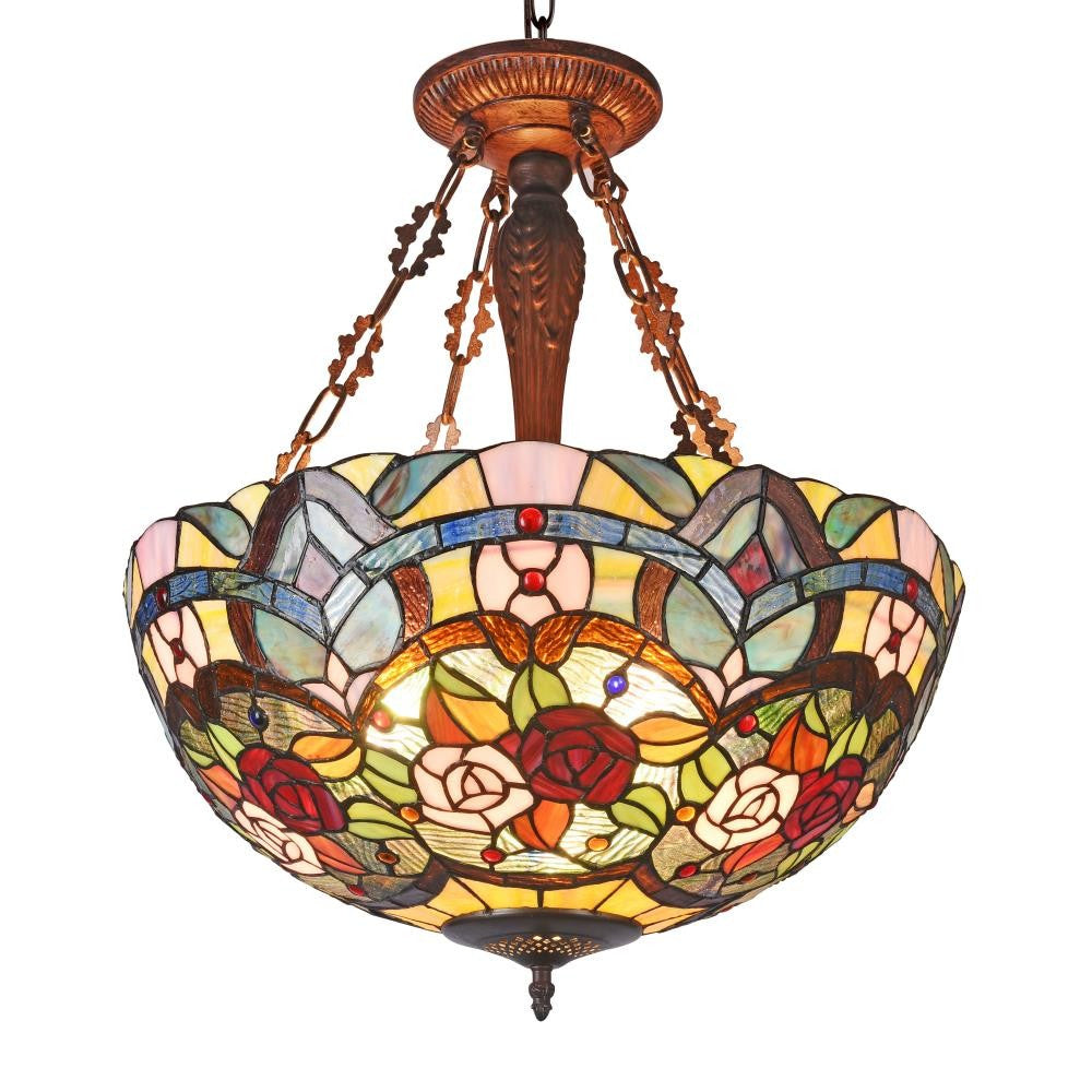 CHLOE Lighting ROSEY Tiffany-style 3 Light Roses Inverted Ceiling Pendant 20" Shade