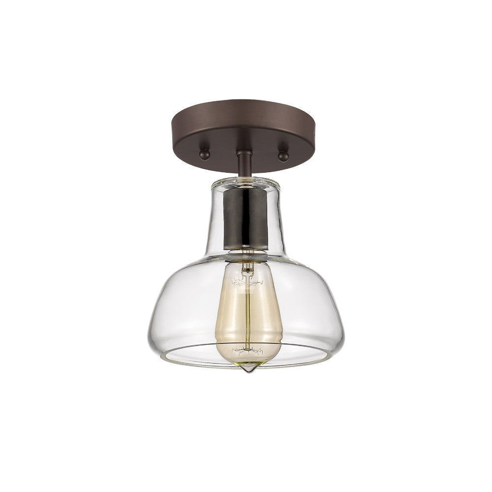 7 Inch Metal Ceiling Fixture with Bell Shape Glass Shade, Bronze and Clear