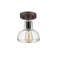 7 Inch Metal Ceiling Fixture with Bell Shape Glass Shade, Bronze and Clear