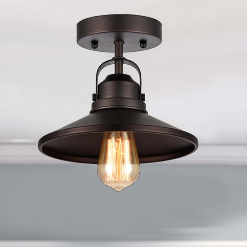 9 Inches Industrial Style Round Metal Shade Ceiling Fixture, Bronze