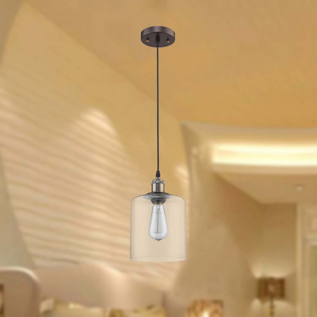 7 Inch Glass Shade Metal Pendant Light with Edison Bulb, Bronze