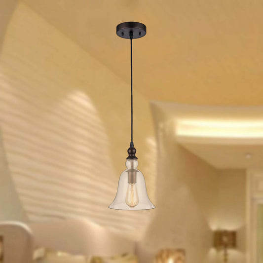 60 Watt Pendant Light with Metal Body and Glass Shade, Bronze and Clear