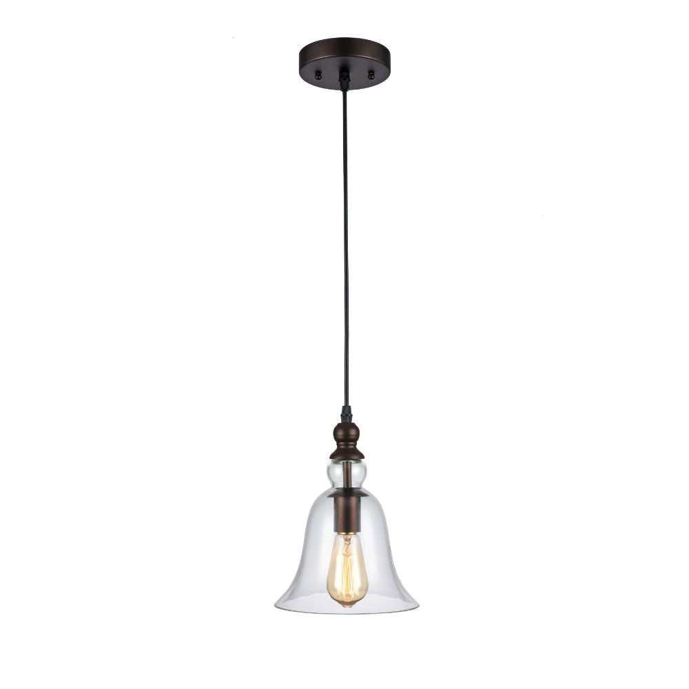 60 Watt Pendant Light with Metal Body and Glass Shade, Bronze and Clear