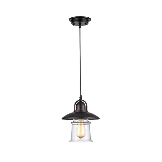 60 Watt Mini Pendant Light with Metal Body and Glass Shade, Black and Clear