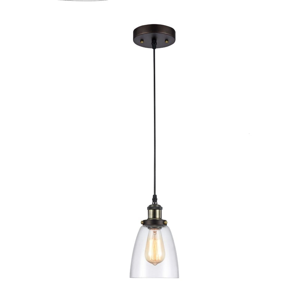 60 Watt Pendant Light with Metal Body and Glass Shade, Black and Clear