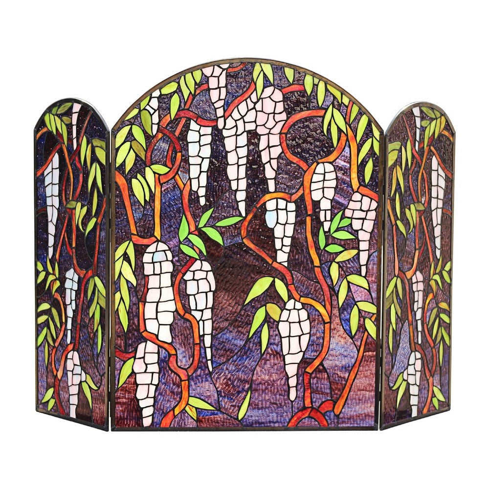 CHLOE Lighting CORINTH Tiffany-Style Stained Glass Grape Design Fireplace Screen 42" Wide