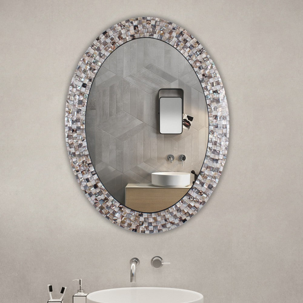 Chloe'S Reflection Vertical Hanging Seashell Finish Oval Framed Wall Mirror 35" Height