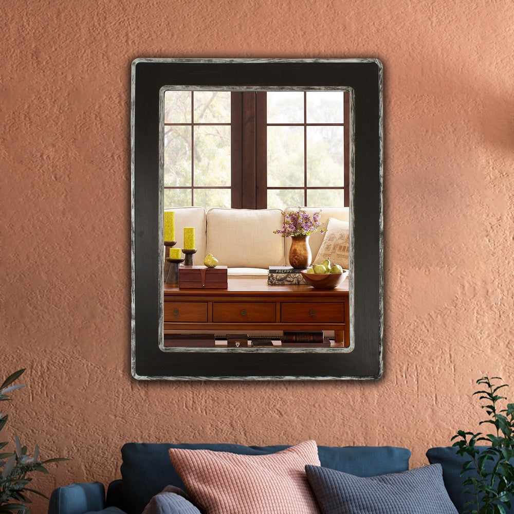 Reflection Vertical Hanging Wood & Iron Silver/Black Finish Rectangle Framed Wall Mirror 35" Height