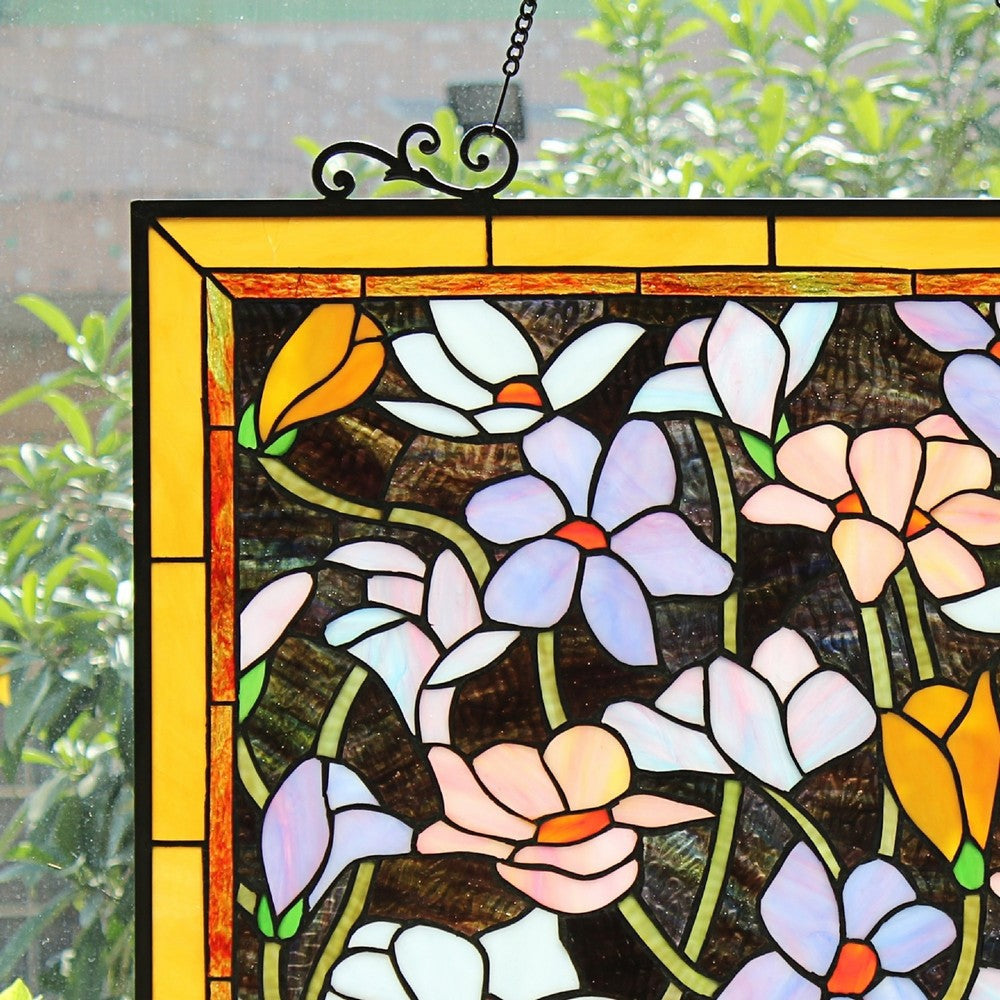 CHLOE Lighting PLUMERIA Floral Tiffany-Style Stained Glass Verical Hanging Window Panel 25’’ Tall CHL-CH8P010PF24-SQR