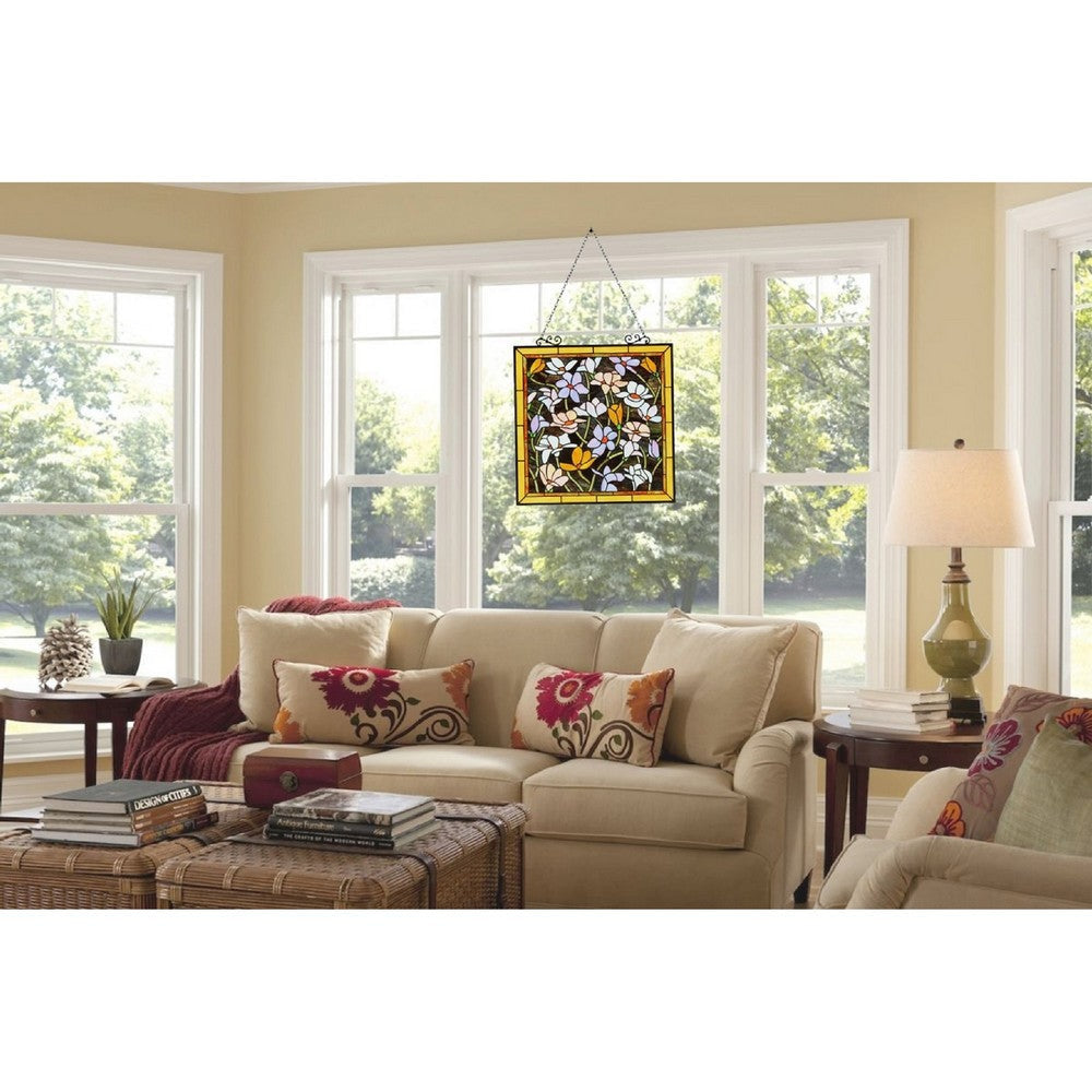 CHLOE Lighting PLUMERIA Floral Tiffany-Style Stained Glass Verical Hanging Window Panel 25’’ Tall CHL-CH8P010PF24-SQR