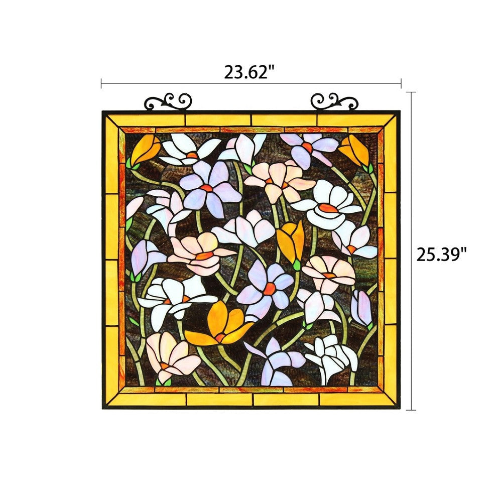 CHLOE Lighting PLUMERIA Floral Tiffany-Style Stained Glass Verical Hanging Window Panel 25’’ Tall CHL-CH8P010PF24-SQR