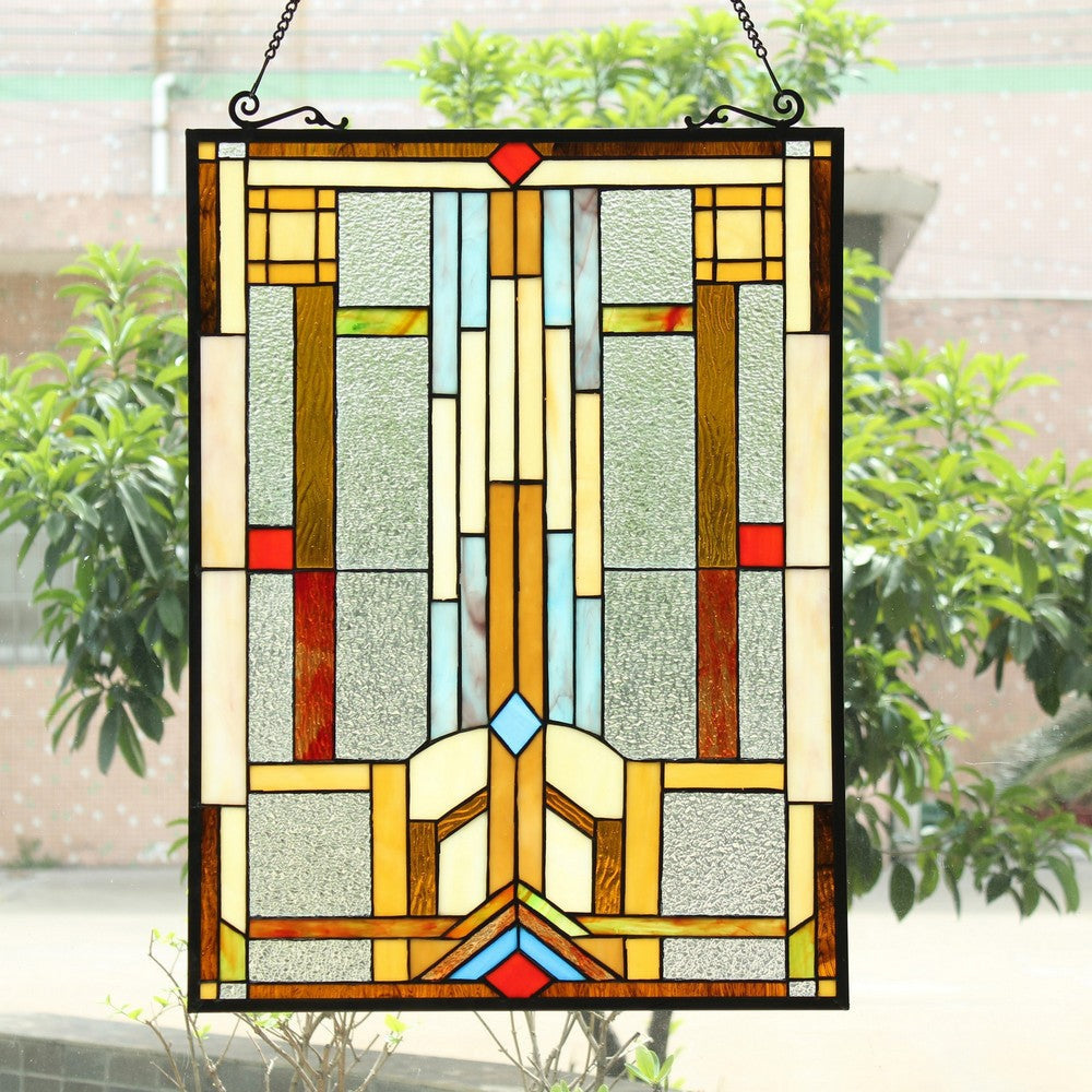 Chloe Lighting Joash Tiffany-Style Geometric Stained Glass Window Panel 24" Height