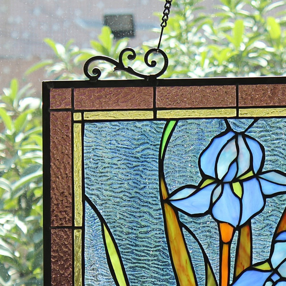 CHLOE Lighting BLUE IRIS Floral Tiffany-Style Stained Glass Verical Hanging Window Panel 25’’ Tall CHL-CH8P027BF24-VRT