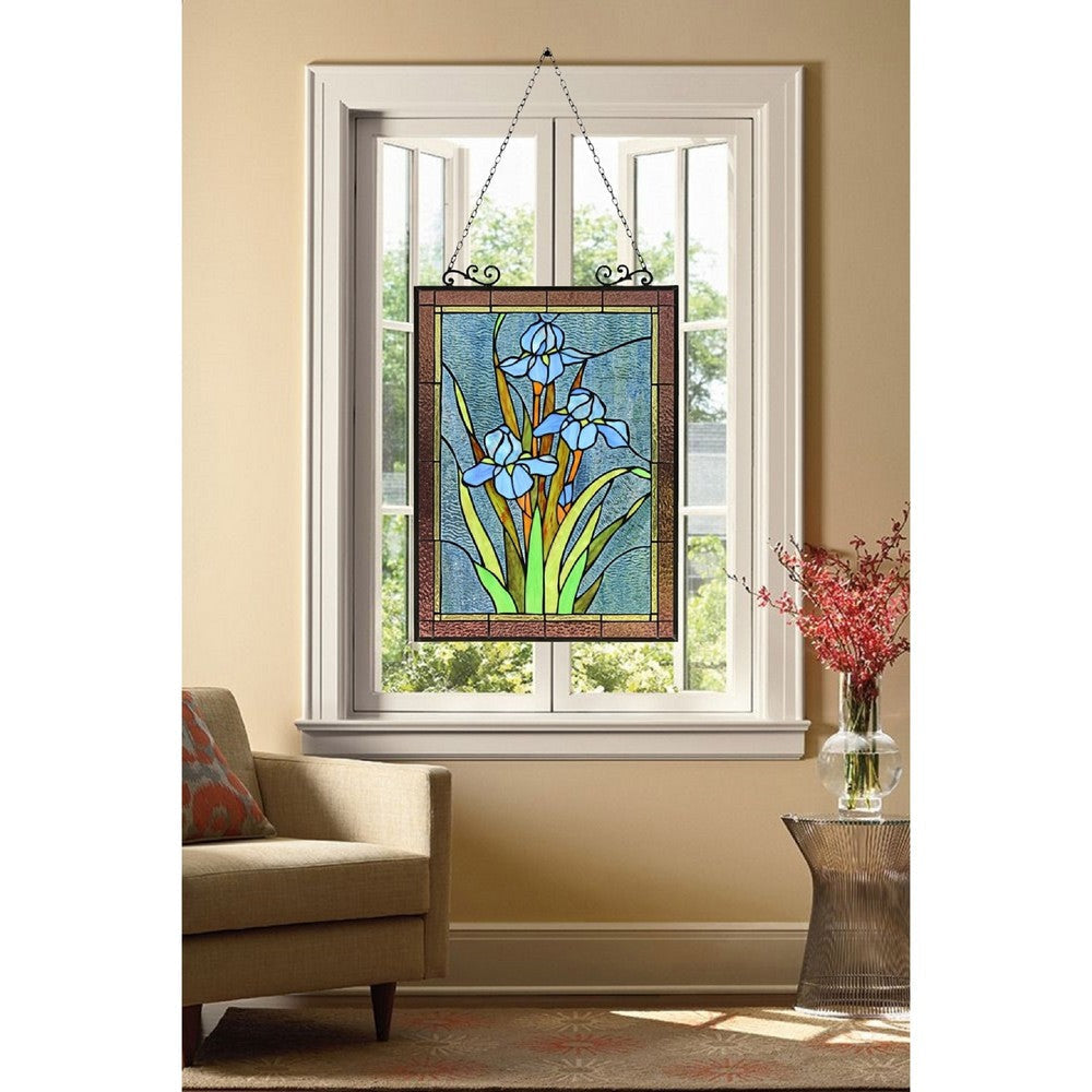 CHLOE Lighting BLUE IRIS Floral Tiffany-Style Stained Glass Verical Hanging Window Panel 25’’ Tall CHL-CH8P027BF24-VRT