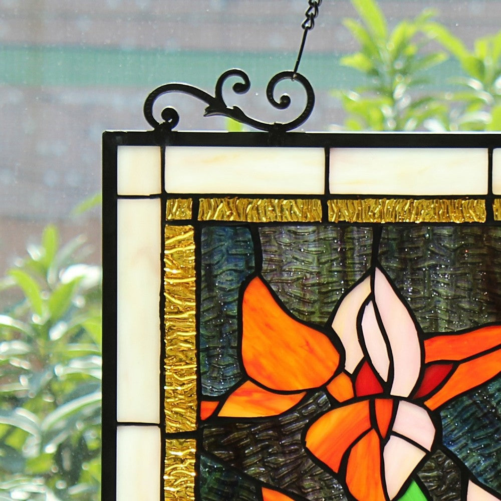 CHLOE Lighting ORANGE LILY Floral Tiffany-Style Stained Glass Verical Hanging Window Panel 24’’ Tall CHL-CH8P031OF23-VRT