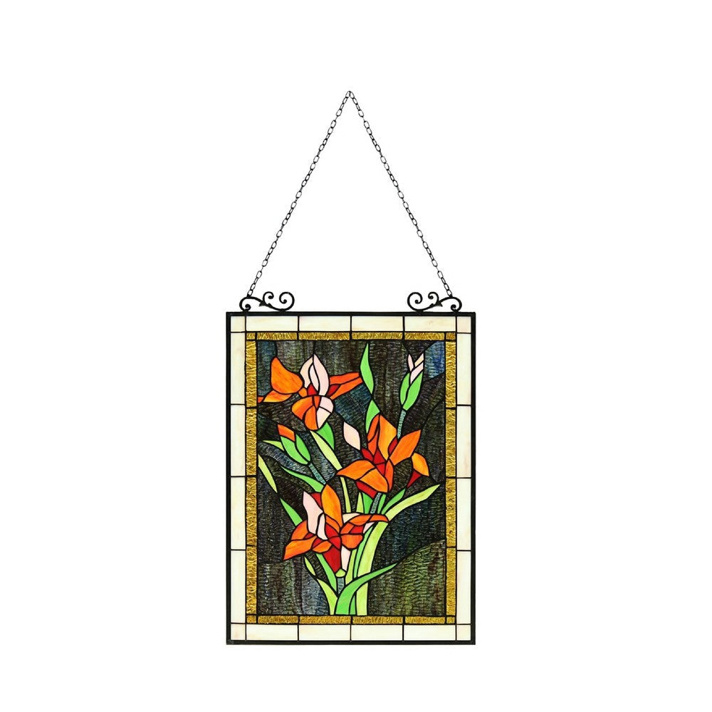 CHLOE Lighting ORANGE LILY Floral Tiffany-Style Stained Glass Verical Hanging Window Panel 24’’ Tall CHL-CH8P031OF23-VRT
