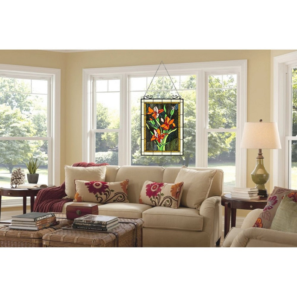 CHLOE Lighting ORANGE LILY Floral Tiffany-Style Stained Glass Verical Hanging Window Panel 24’’ Tall CHL-CH8P031OF23-VRT