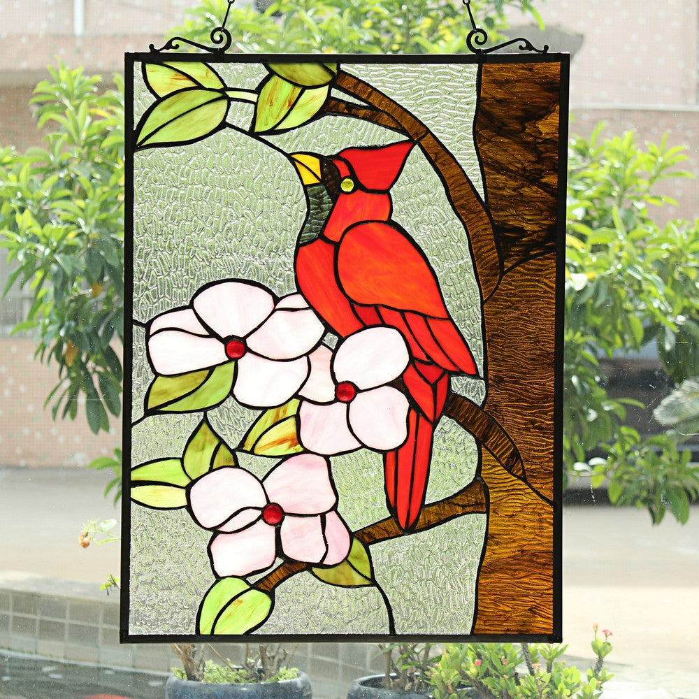 Chloe Lighting Hibiscus Cardinal Tiffany-Style Animal Stained Glass Window Panel 25" Height