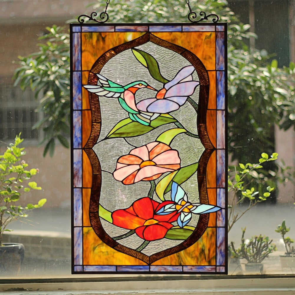 CHLOE Lighting POPPY Tiffany-Style Animal/Floral Stained Glass Window Panel 31’’ Height CHL-CH8P042OA31-VRT