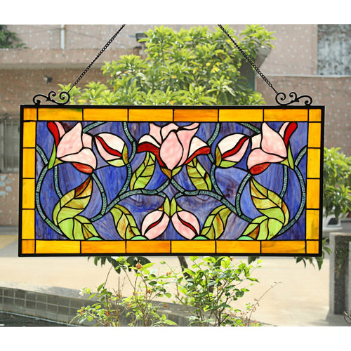 Chloe Lighting Oriental Tiffany-Style Floral Stained Glass Window Panel 34" Wide