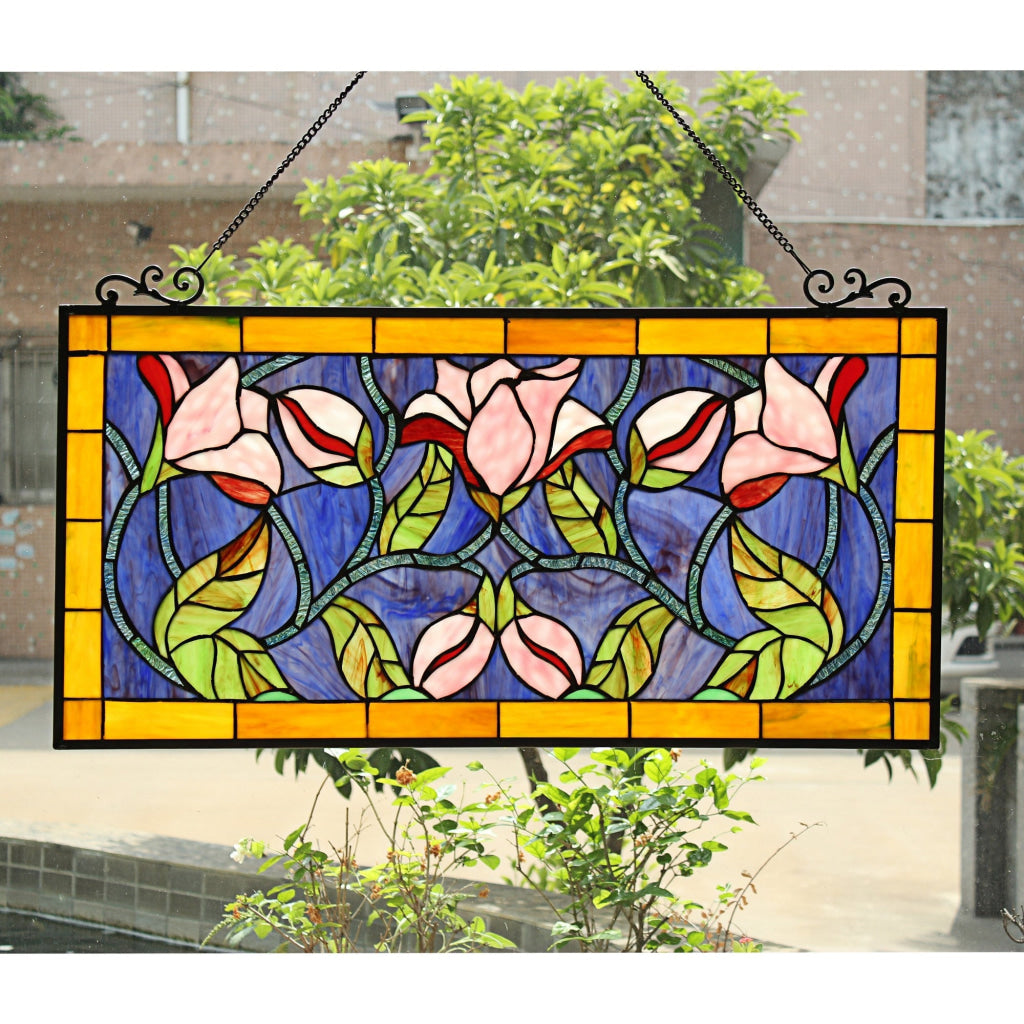Chloe Lighting Oriental Tiffany-Style Floral Stained Glass Window Panel 34" Wide