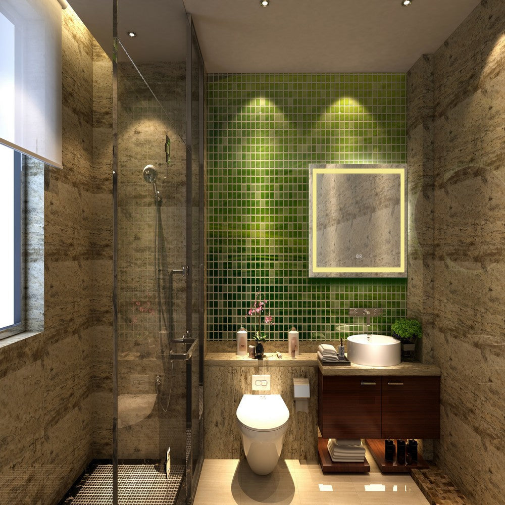 Rectangle Glass Wall Mirror with Warm White LED Light, Clear