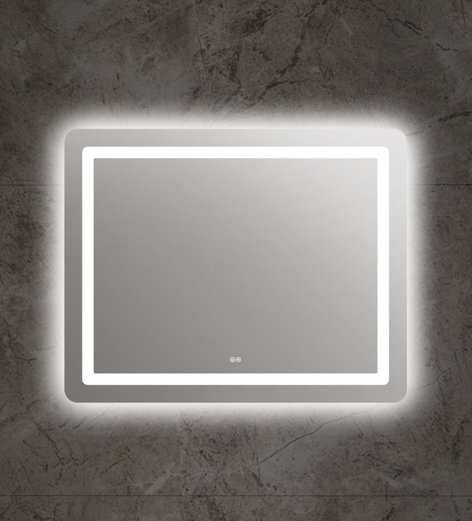 Rectangle Glass Mirror with Round Corners and White LED Light, Clear