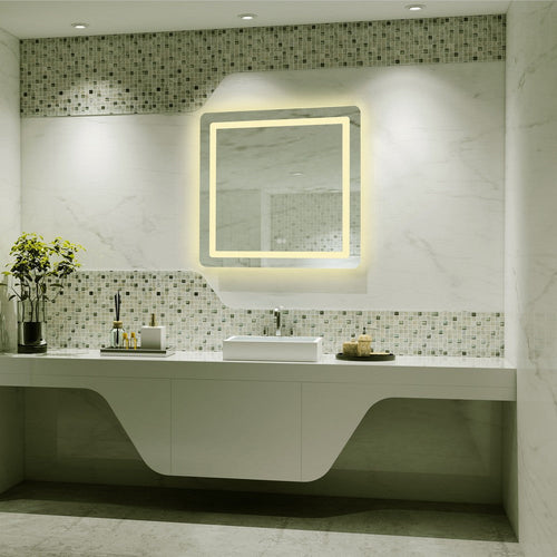 Square Mirror with Curved Edges and Dimmable Touch Button, Clear