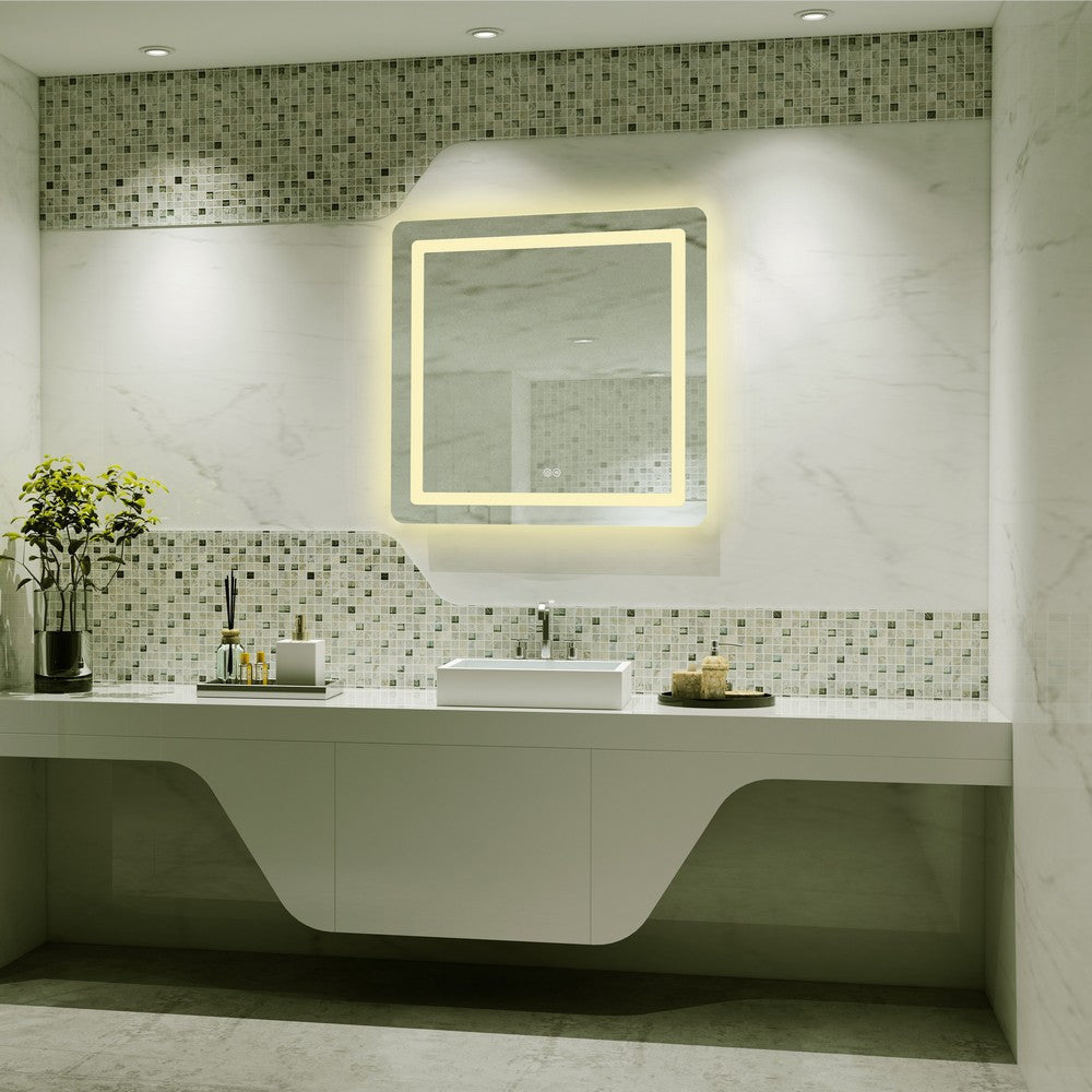 Square Mirror with Curved Edges and Dimmable Touch Button, Clear