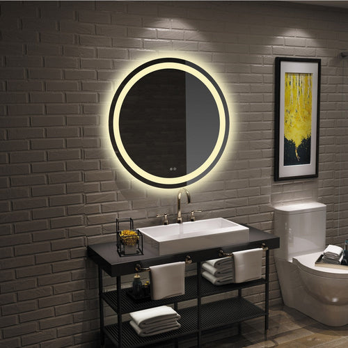 Round Glass Mirror with Warm White LED Light, Clear