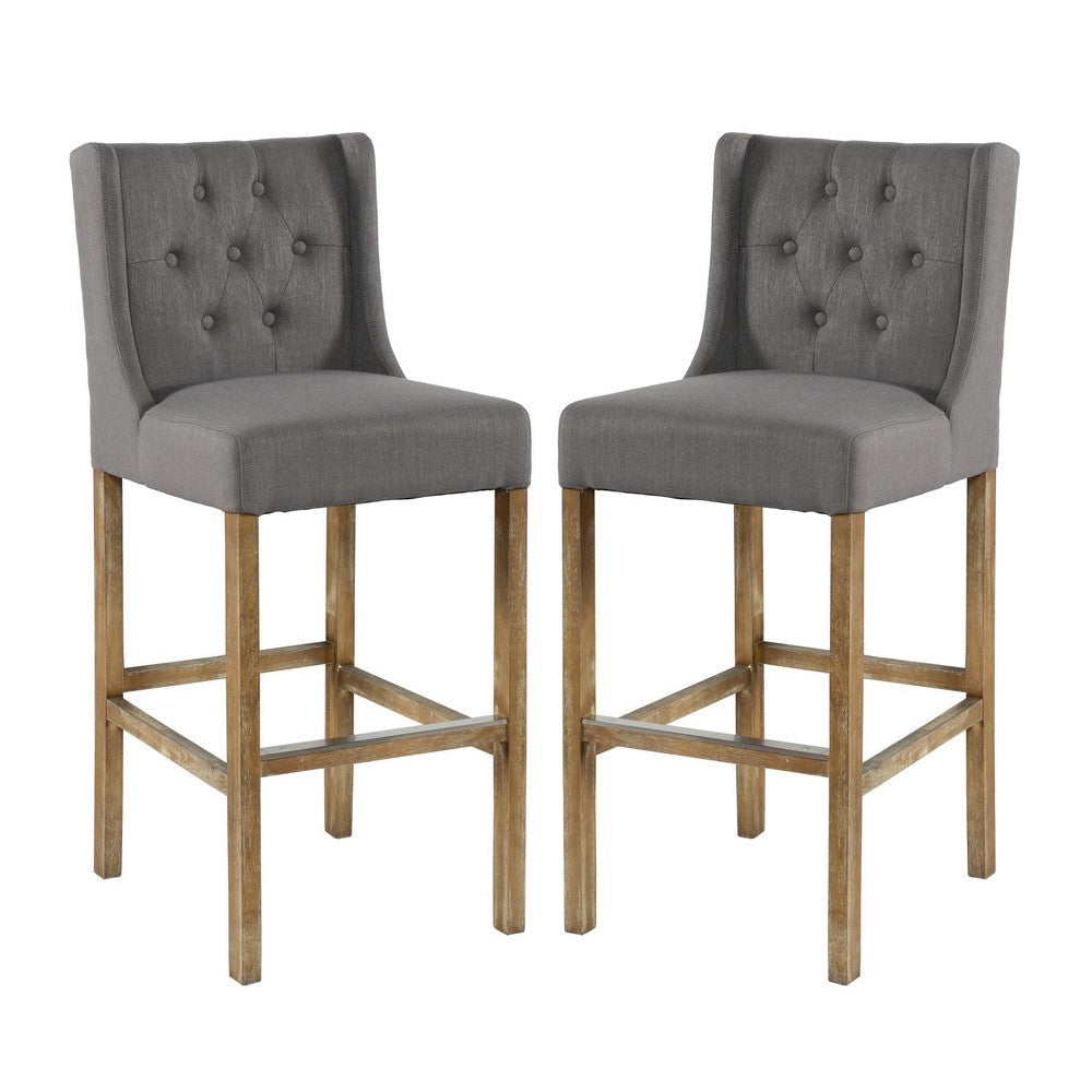 Wooden Barstool with Padded Seat, Button Tufted, Wing Back, Set of 2, Gray and Brown By Casagear Home