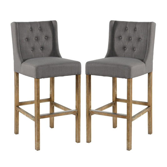 Wooden Barstool with Padded Seat, Button Tufted, Wing Back, Set of 2, Gray and Brown By Casagear Home