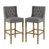 Wooden Barstool with Padded Seat, Button Tufted, Wing Back, Set of 2, Gray and Brown By Casagear Home