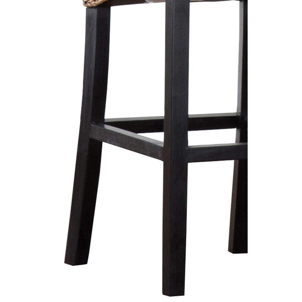 Woven Rattan Barstool with Wooden Legs | Low Profile Backrest | Brown & Black